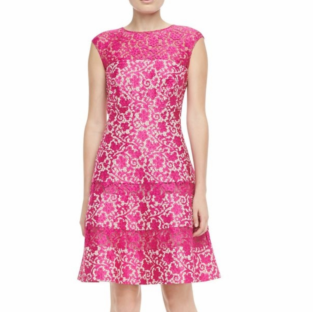 Kay Unger Pink Floral Lace Coquette Elegant Fit Flare Tier Size 10 Barbiecore